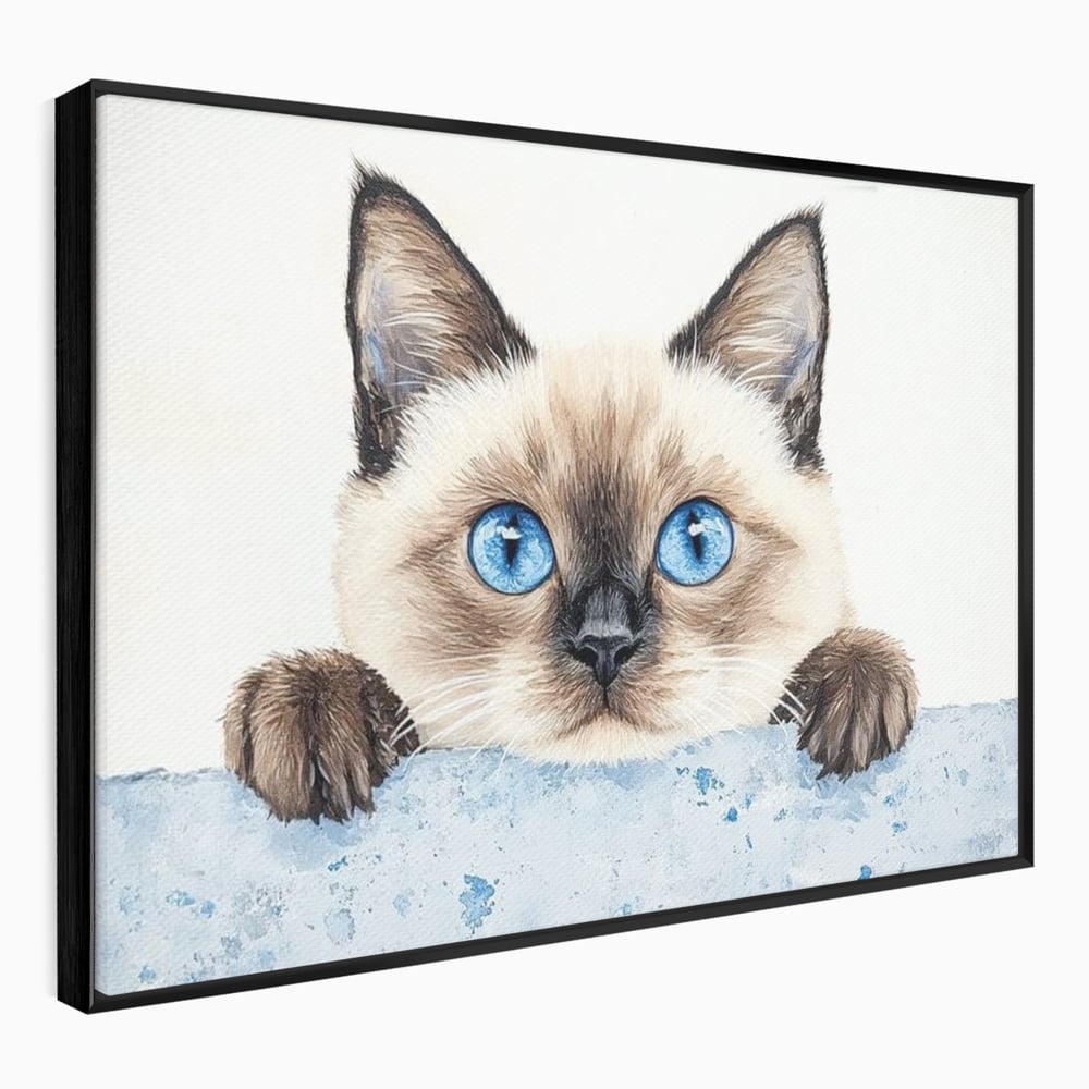 Tablou canvas cu tablou canvas cu pisica siameza si ochi albastrii, in rama de aluminiu negru